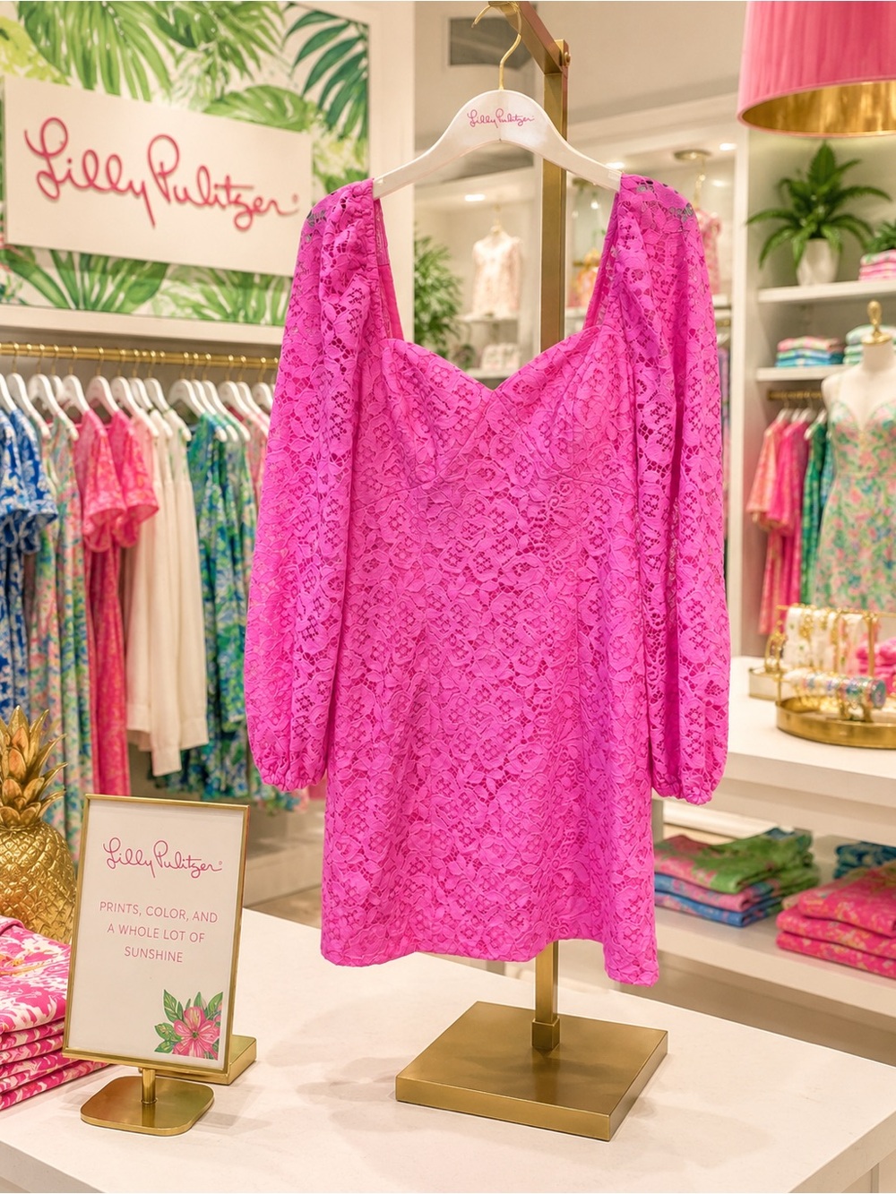 Lilly Pulitzer Vibrant Pink Lace Puff-Sleeve Mini Dress NWOT